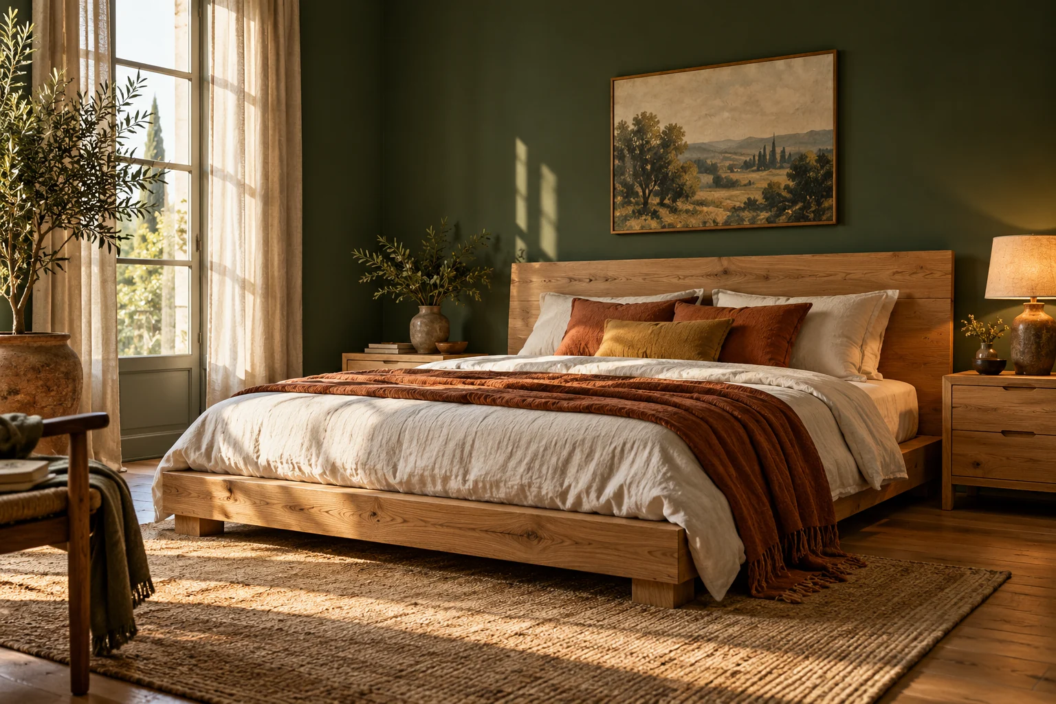 Concept: An oak bed in a forest-green bedroom