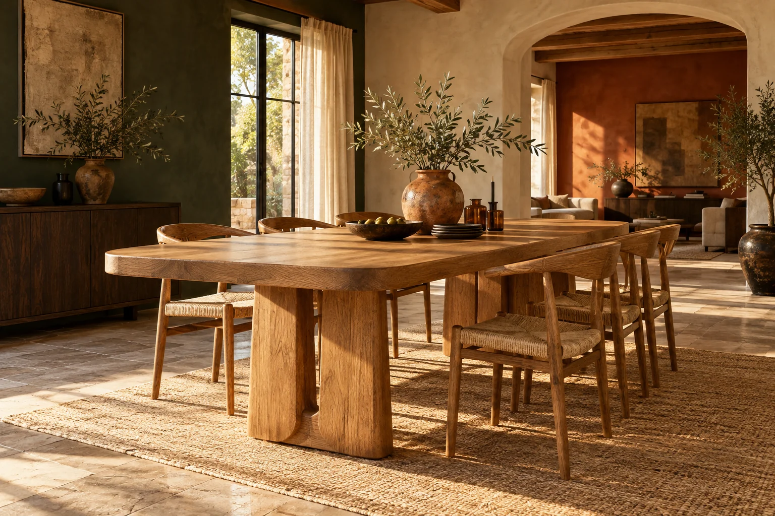 Concept: a sunlit room with a natural oak dining table and chairs