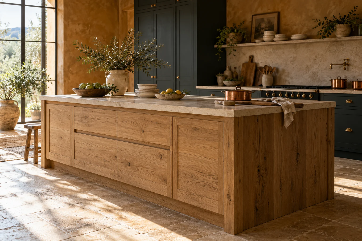 Concept: An oak kitchen island in a warm contemporary kitchen