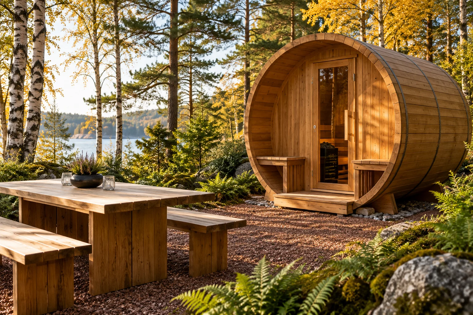 Concept: A timber sauna in a green garden