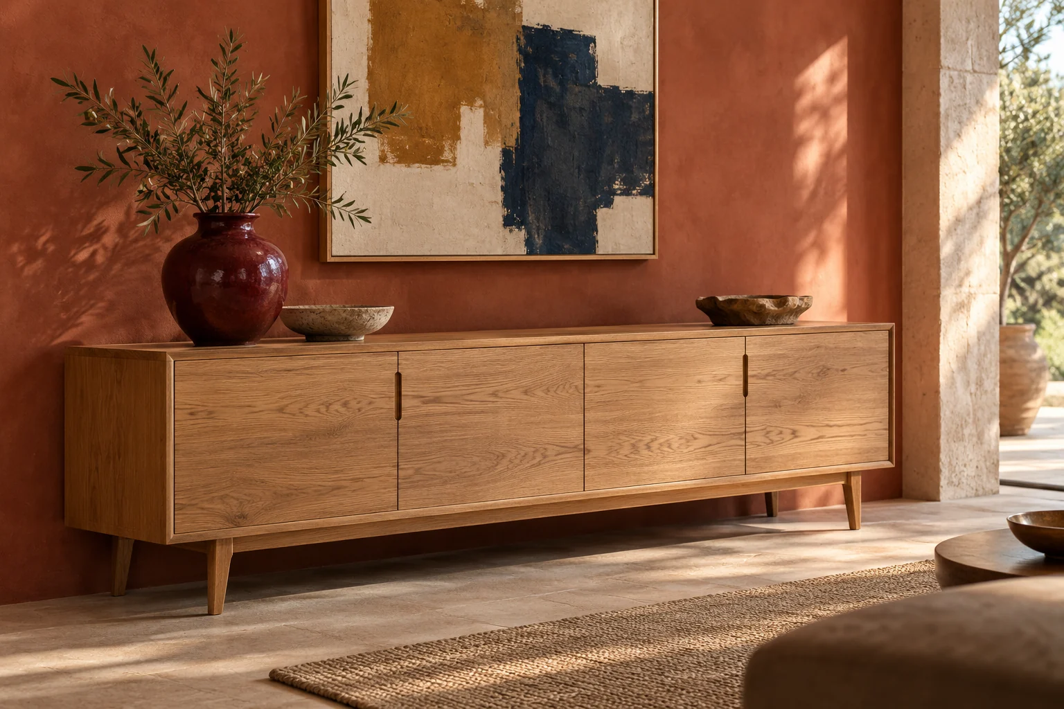 Concept: An oak sideboard against a terracotta wall
